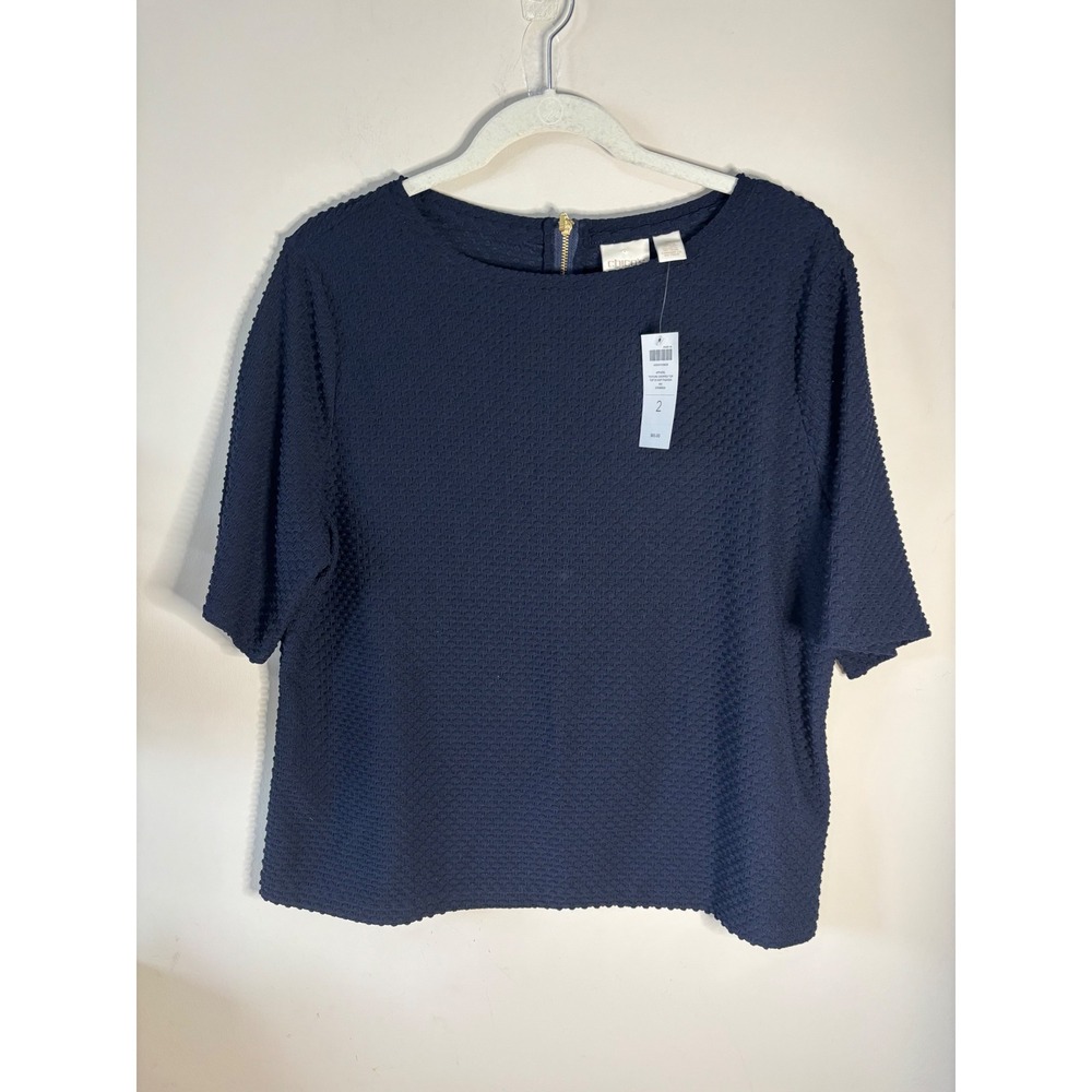 Chicos Texture Cropped Top SS Knit Fashion Ink Navy Blue Size 2 NEW 570169926
